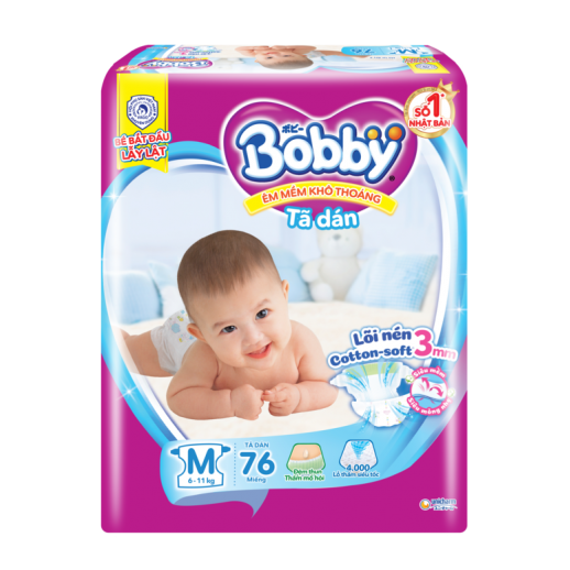 Bỉm tã dán Bobby siêu thấm size M 76 miếng (6-10kg) Bỉm tã dán Bobby siêu thấm size M 76 miếng (6-10kg)