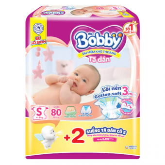 Bỉm tã dán Bobby siêu thấm - khô thoáng (S, 4-8kg, 80 miếng) 
