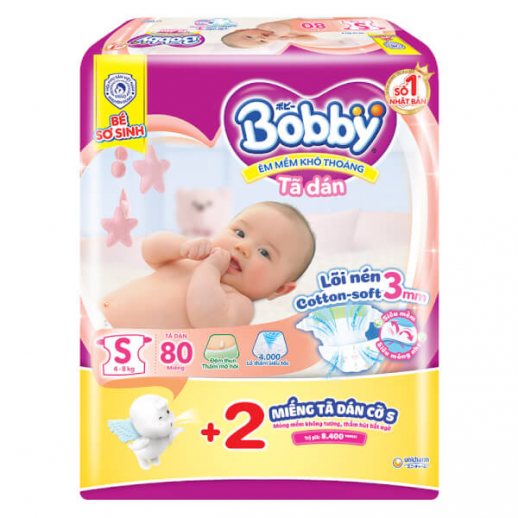 Bỉm tã dán Bobby siêu thấm - khô thoáng (S, 4-8kg, 80 miếng) Bỉm tã dán Bobby siêu thấm - khô thoáng (S, 4-8kg, 80 miếng)