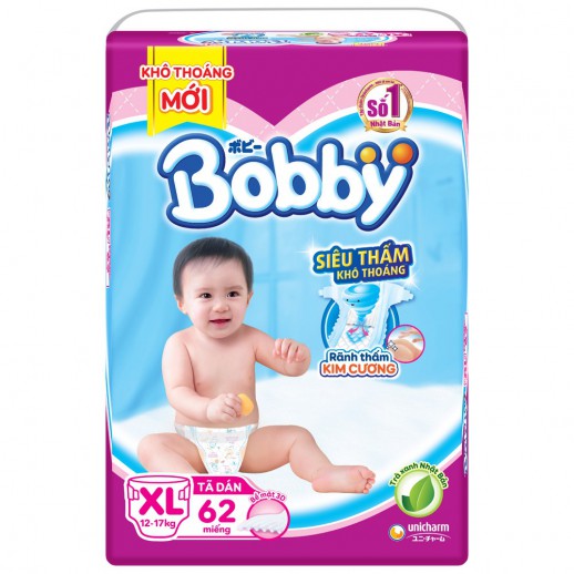 Bỉm tã dán Bobby siêu thấm size XL 62 miếng (12-17kg) Bỉm tã dán Bobby siêu thấm size XL 62 miếng (12-17kg)
